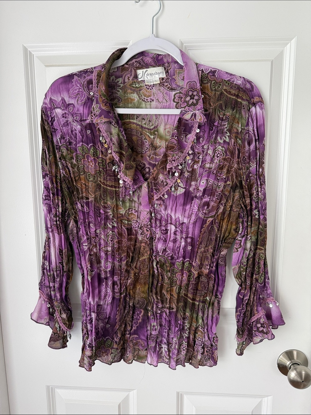 dressbarn y2k Purple Paisley-Ruffle Button Blouse